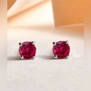 4 CT LAB CREATED RED RUBY STUD EARRINGS 14K WHITE GOLD ROUND CUT 7MM PUSH BACK